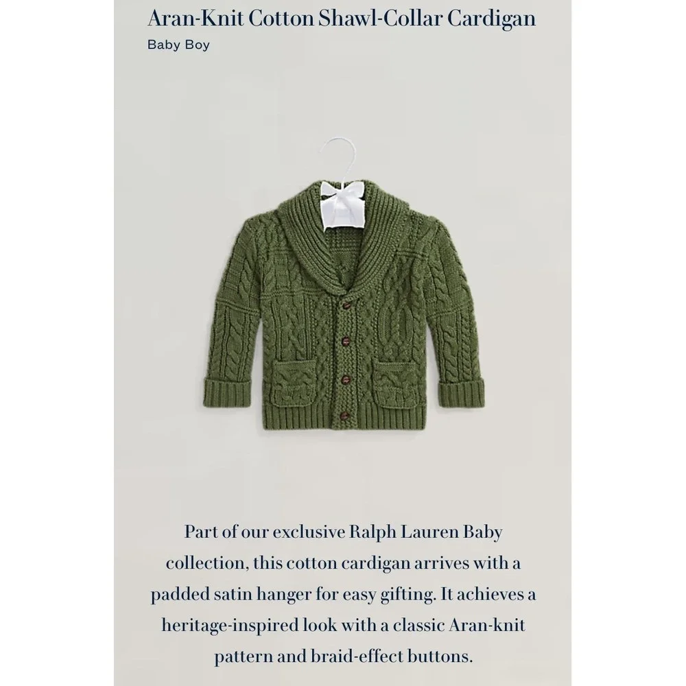 Ralph Lauren Baby Boy 18M Green Aran Cable Knit‎ Shawl Collar Cardigan Sweater